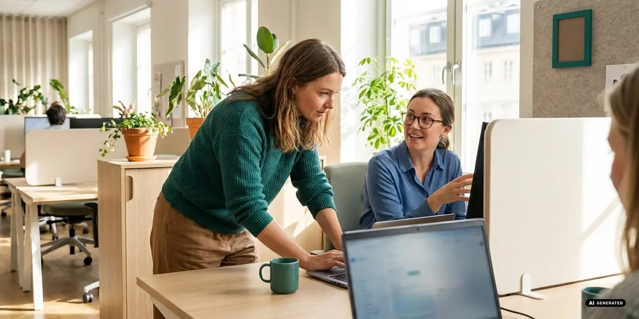People working together in a bright office with laptops and plants