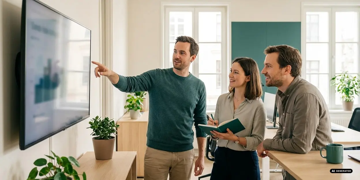 Three colleagues discussing at a screen in a modern office