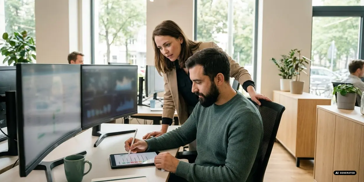 Two coworkers discussing data on a tablet in a modern office