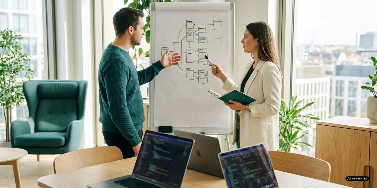 Two colleagues discussing a flowchart on a flipchart in a modern office.