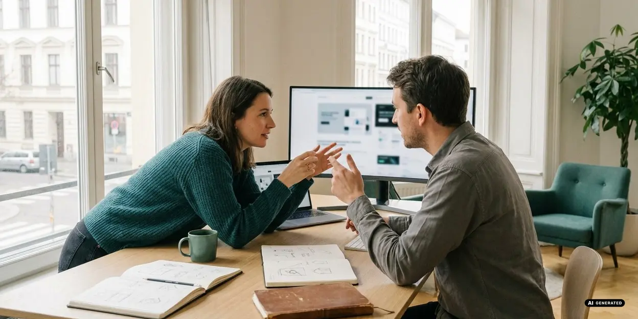 Two colleagues discussing work at a desk with a computer and notebooks