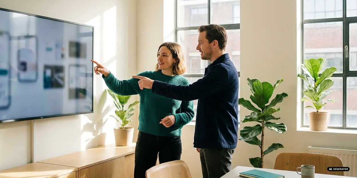 Two people pointing at a screen in an office with plants