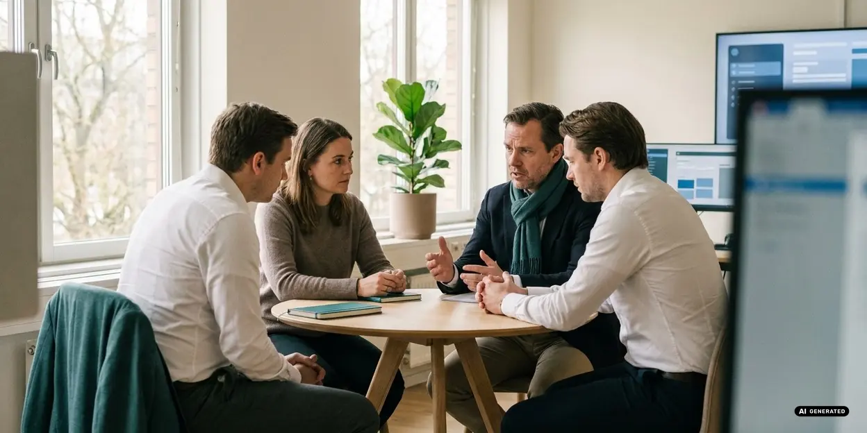 Four people having a meeting around a wooden table with laptops and a plant in the background