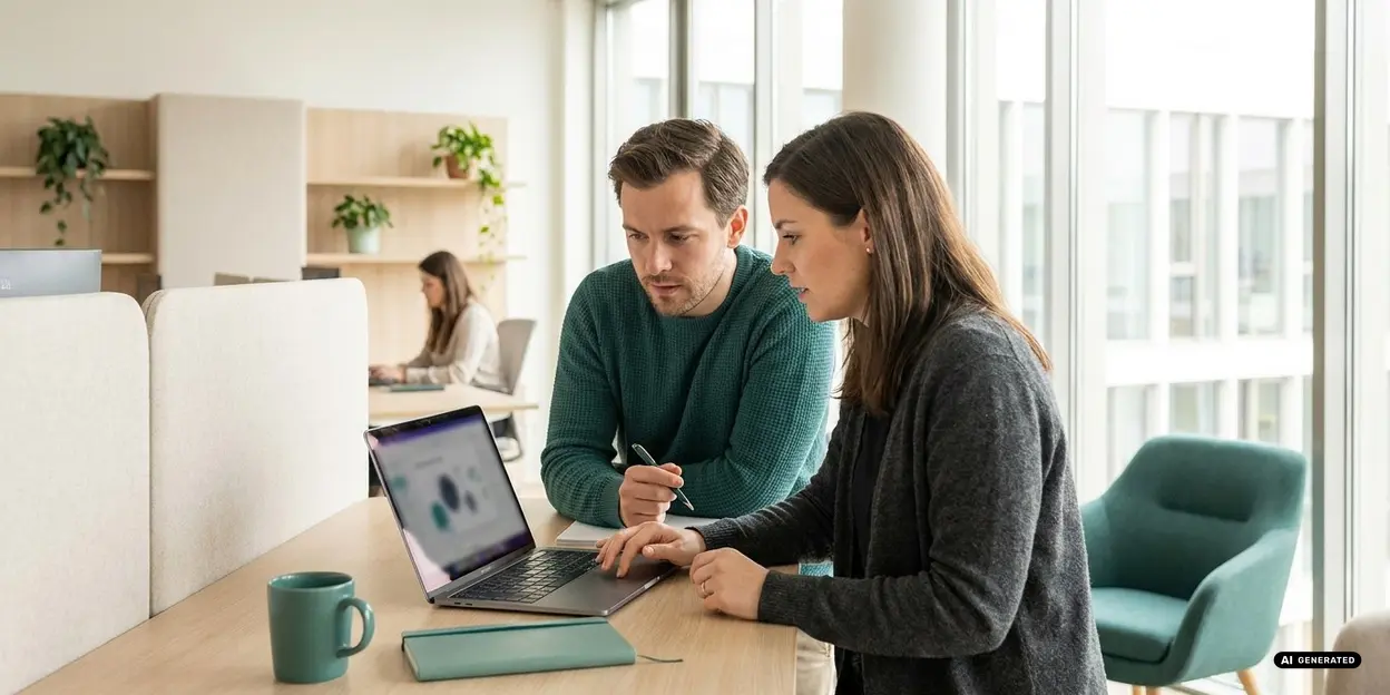 Zwei Personen diskutieren am Laptop in einem modernen Büro