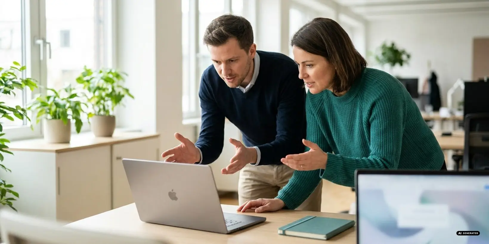 Two colleagues discussing work over a laptop in a bright office