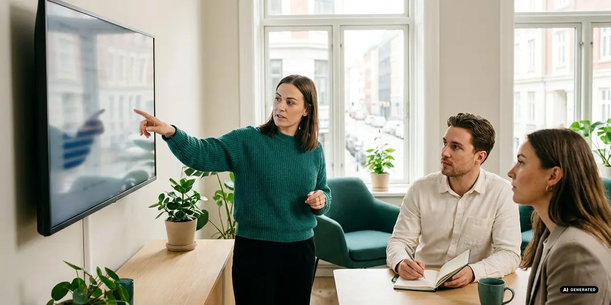 Woman presenting to colleagues in a bright office