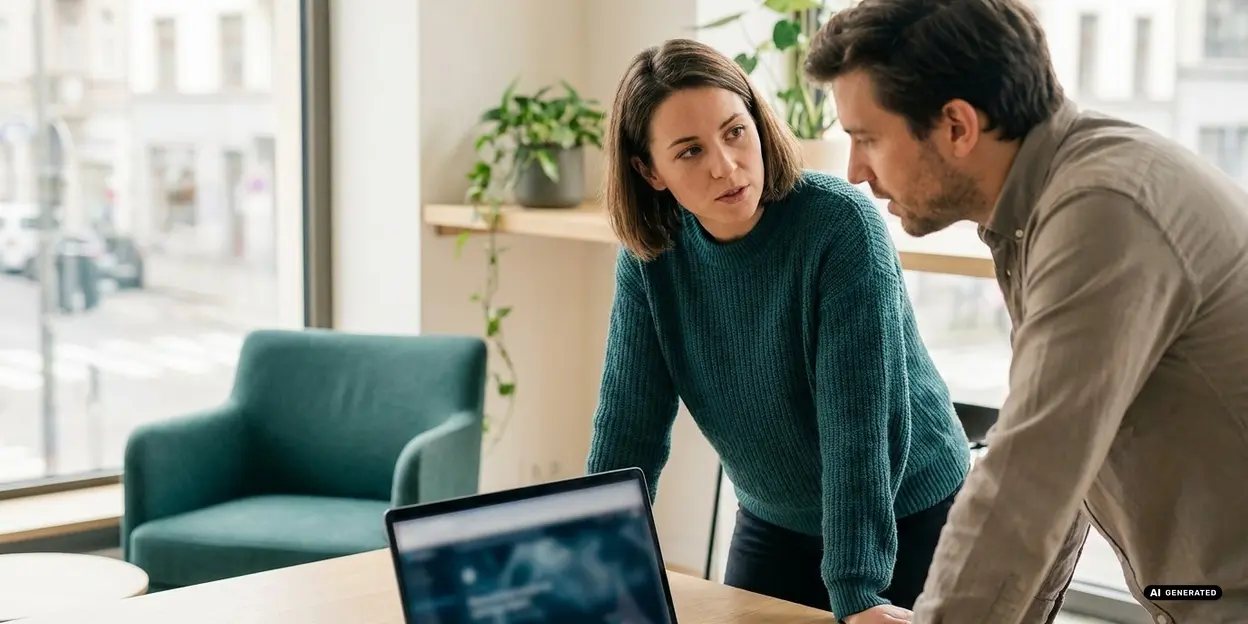 Two people discussing around a table with a laptop in an office