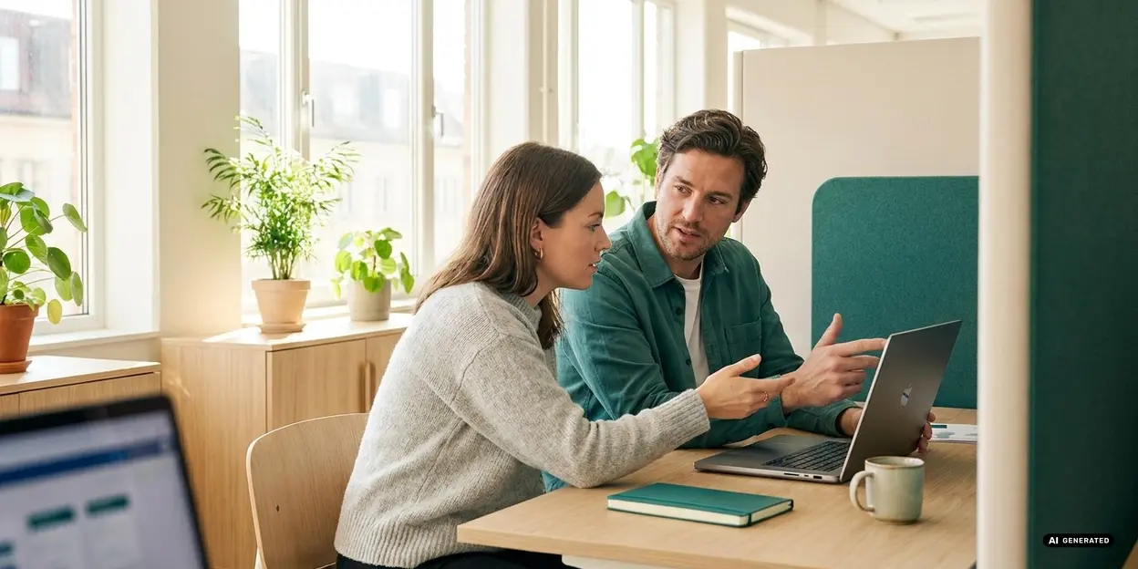 Two people having a discussion at a desk with laptop