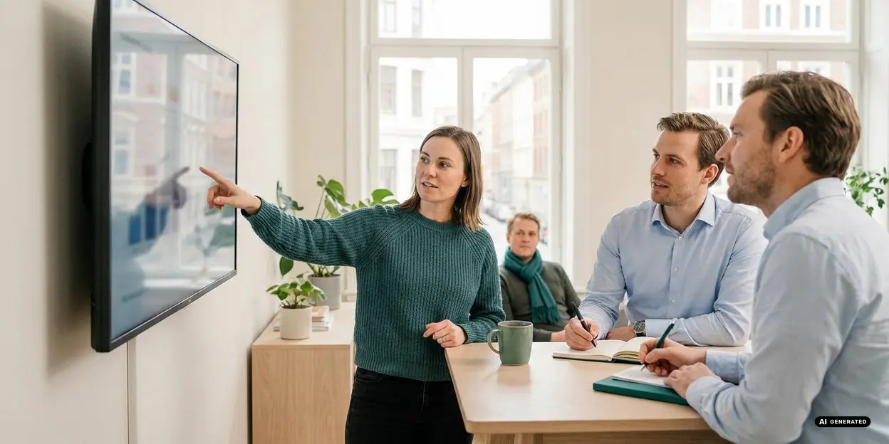 Group discussing work with a large screen