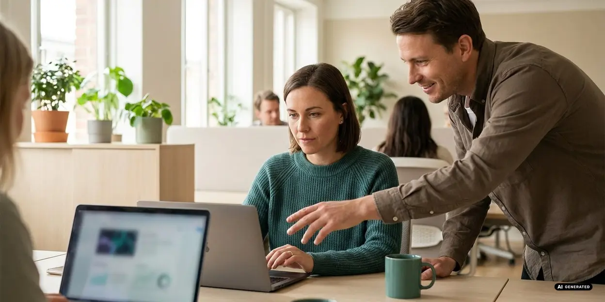People working together at laptops with coffee mugs