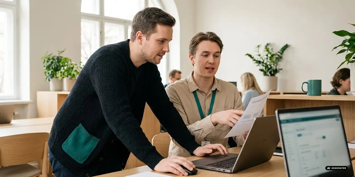 Colleagues discussing over a laptop in an office
