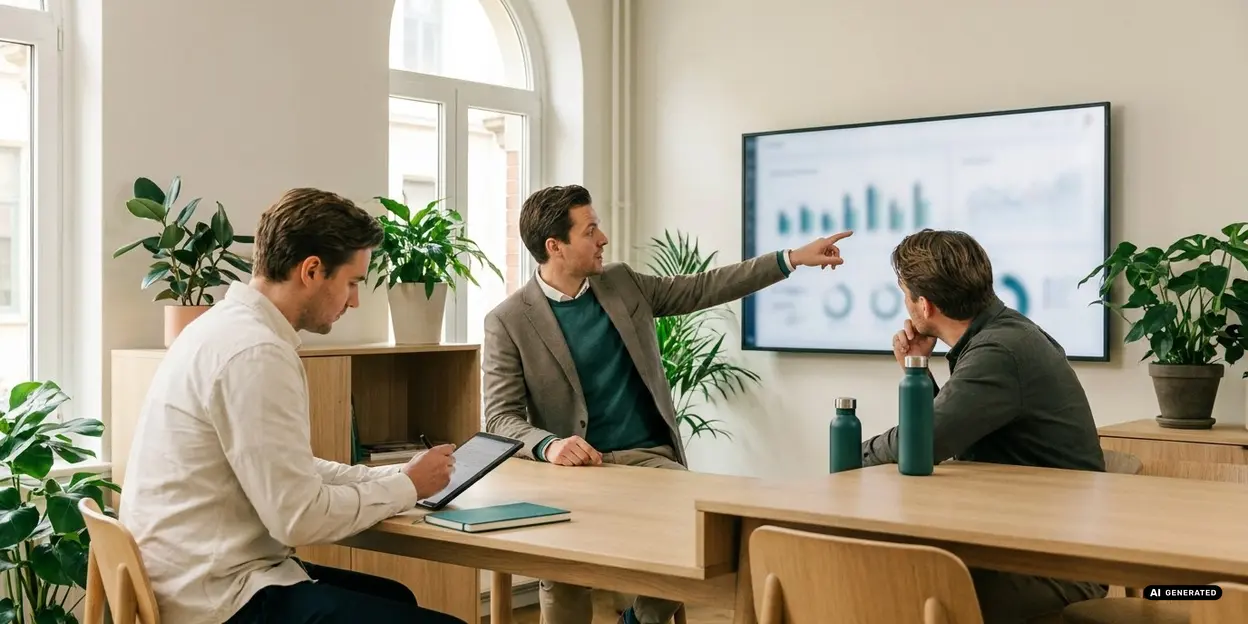 Three people having a discussion in a meeting room with charts on a screen.