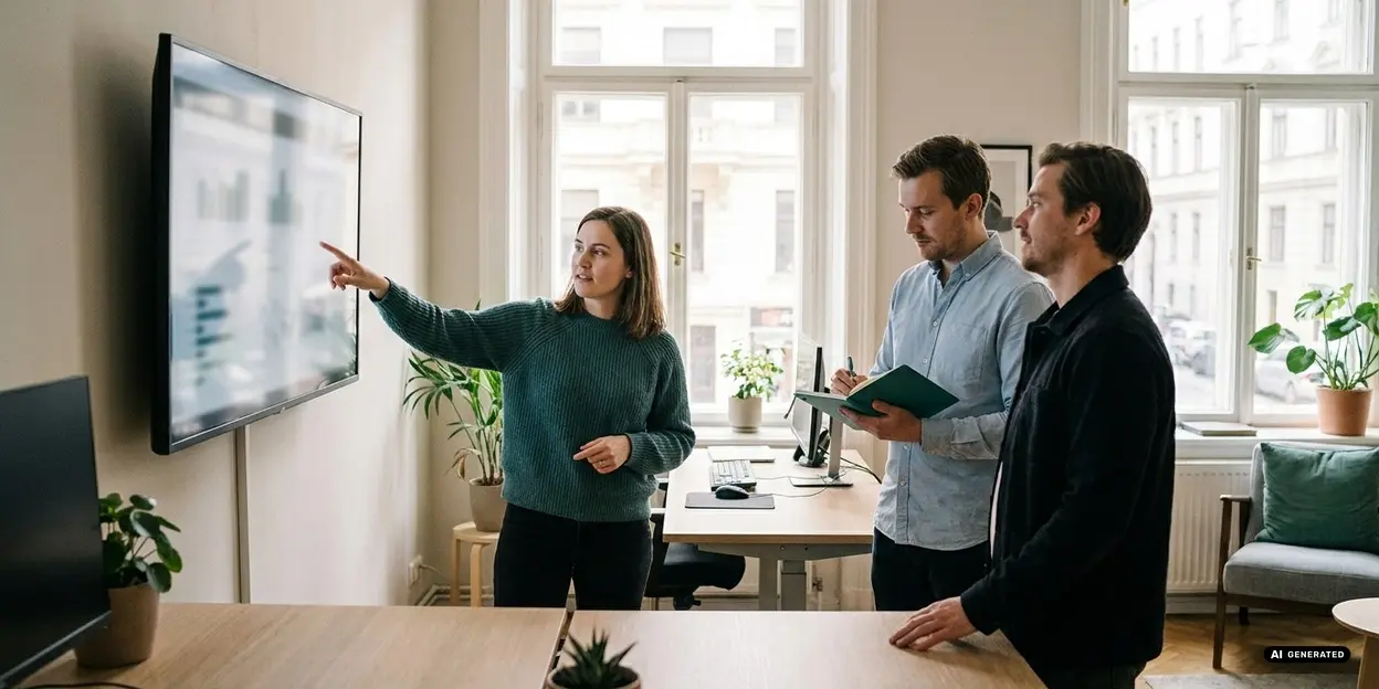 Office meeting with three people reviewing charts on a TV screen