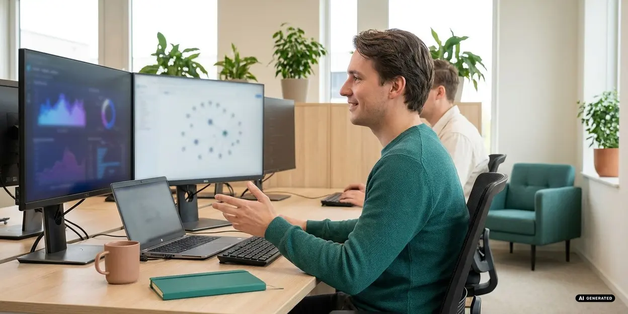 Man working at a desk with multiple monitors and a coffee mug