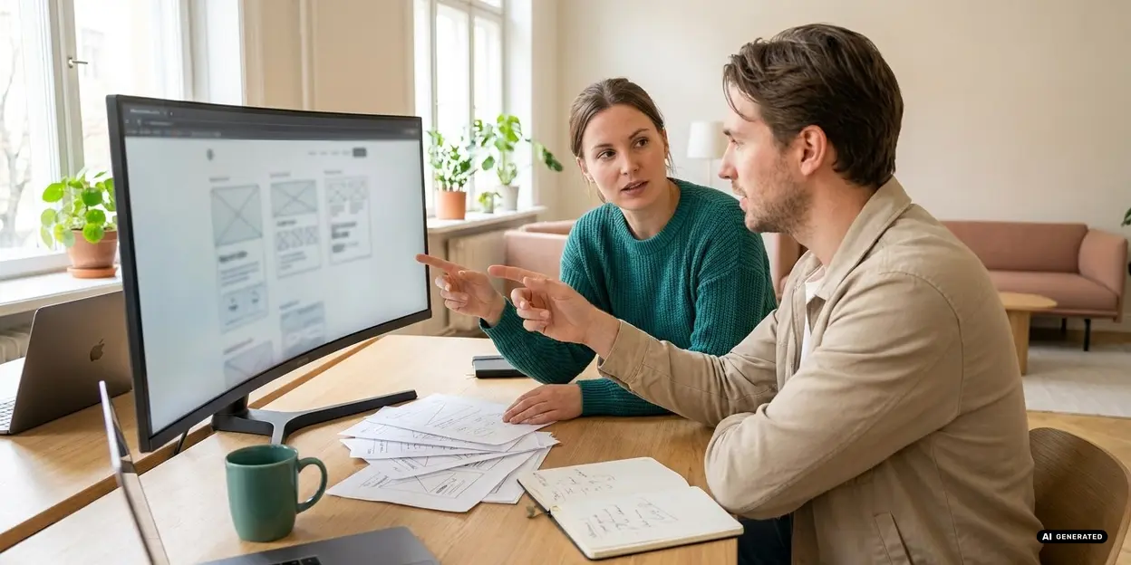 Two people discussing a design project on a computer screen.