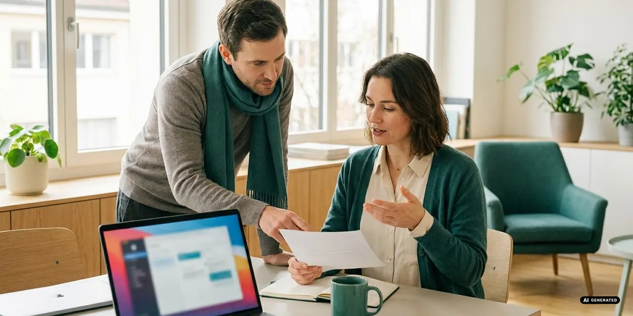 Two colleagues discussing a document at an office desk