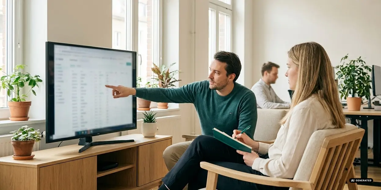 Two colleagues discussing in front of a computer screen in a modern office