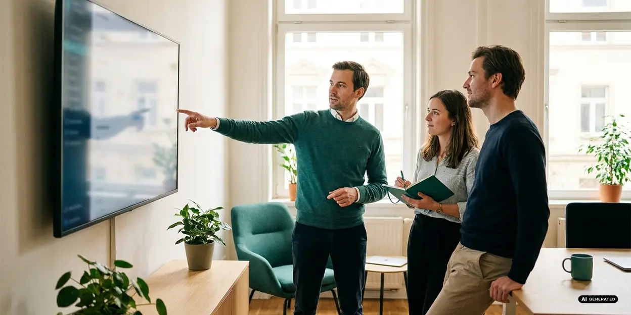 Three people discussing strategy in a modern office setting.