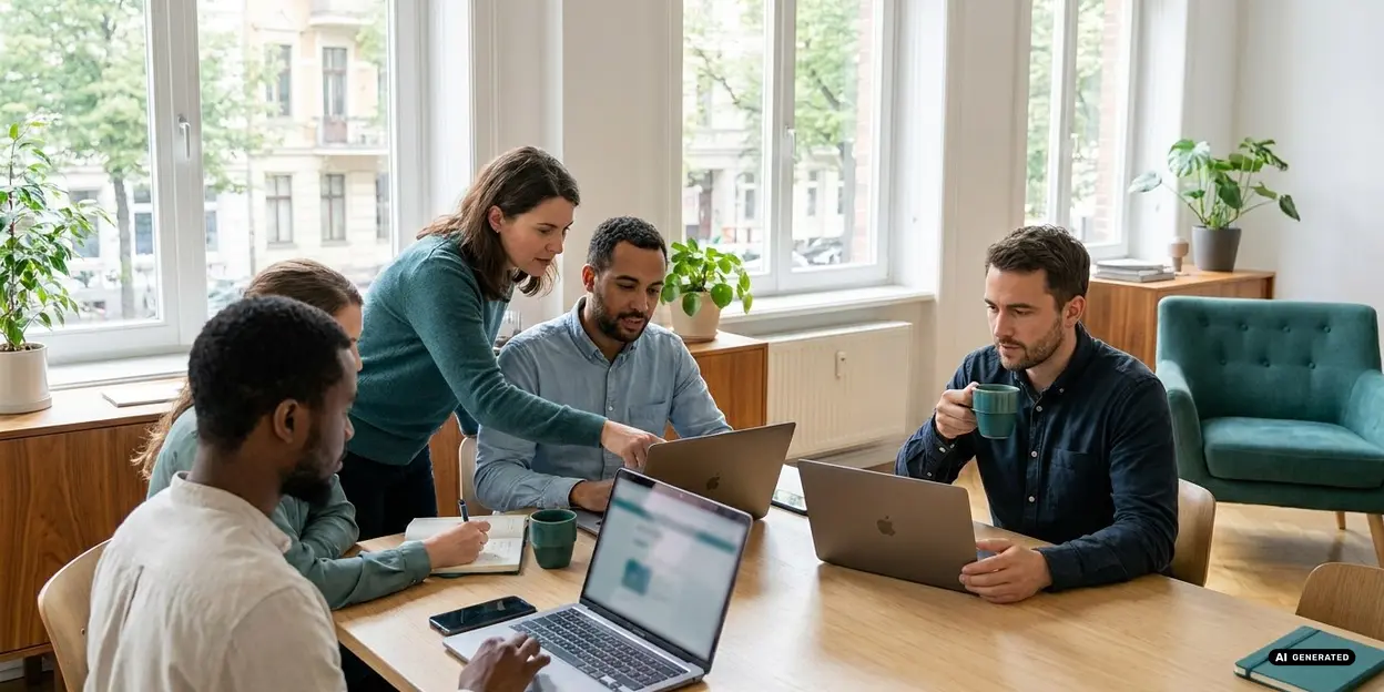 Team collaborating at a conference table with laptops and coffee