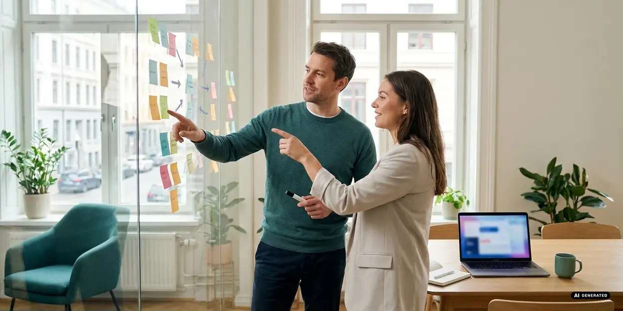 Two colleagues discussing notes on a glass wall in a modern office