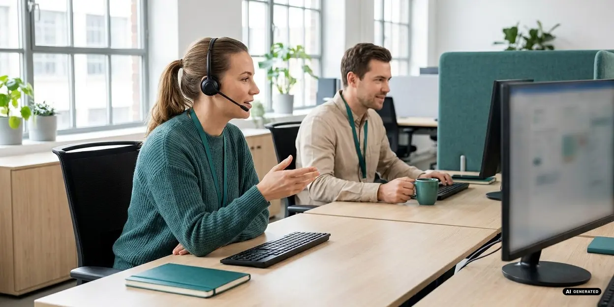 Two coworkers discussing at desks in a modern office space