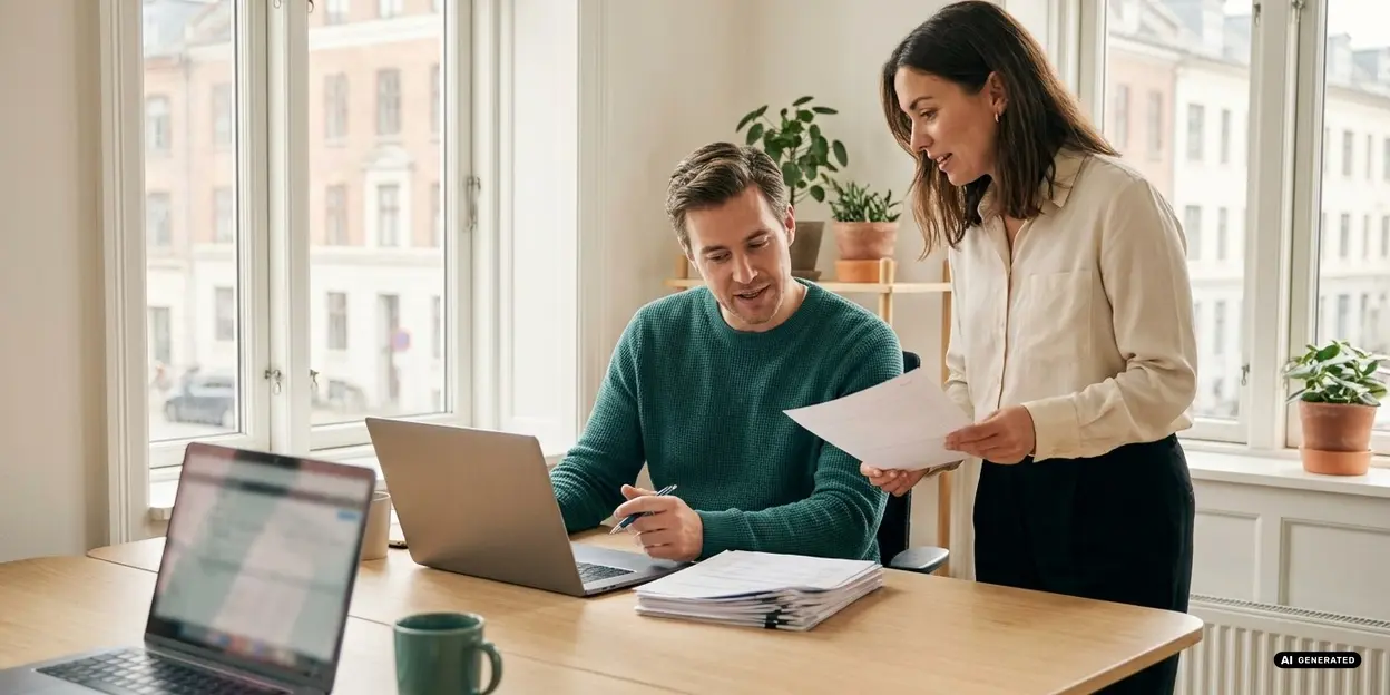 Two colleagues discussing work at a desk with laptops and papers