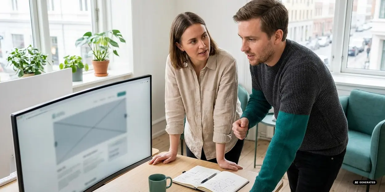 Two colleagues discussing design work at a large computer screen in a bright office.