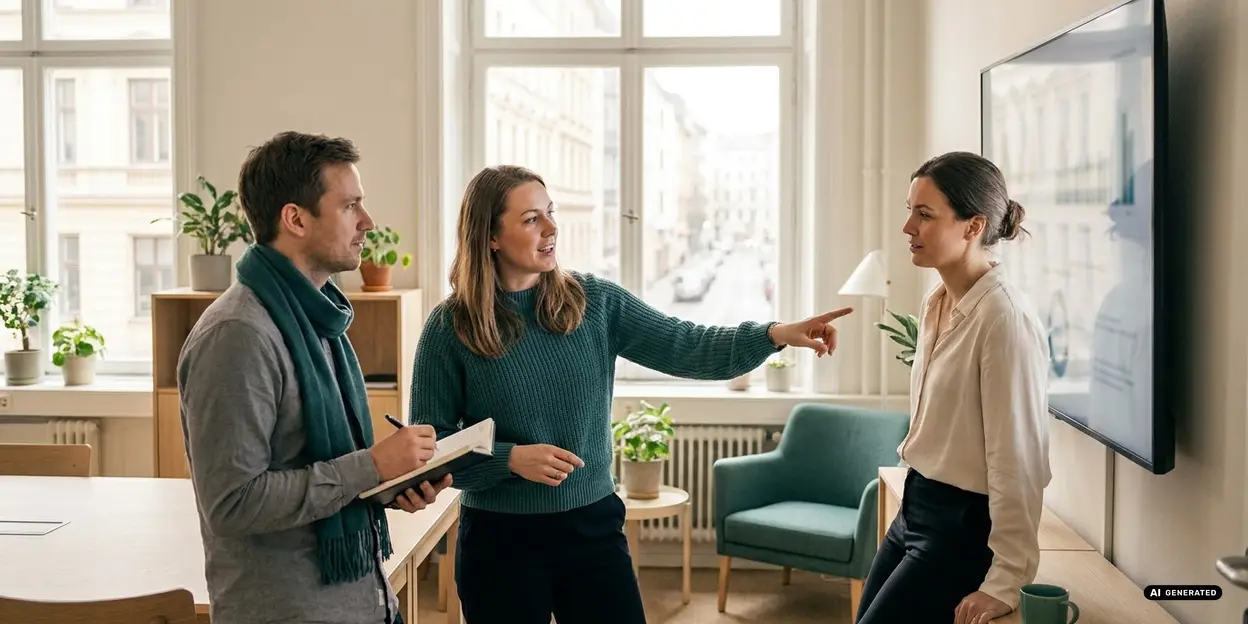 Colleagues having a discussion in a sunlit office with plants