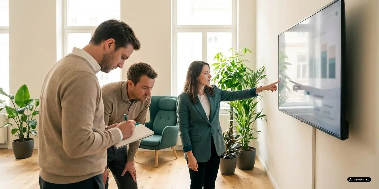 Three professionals discussing at a screen in an office
