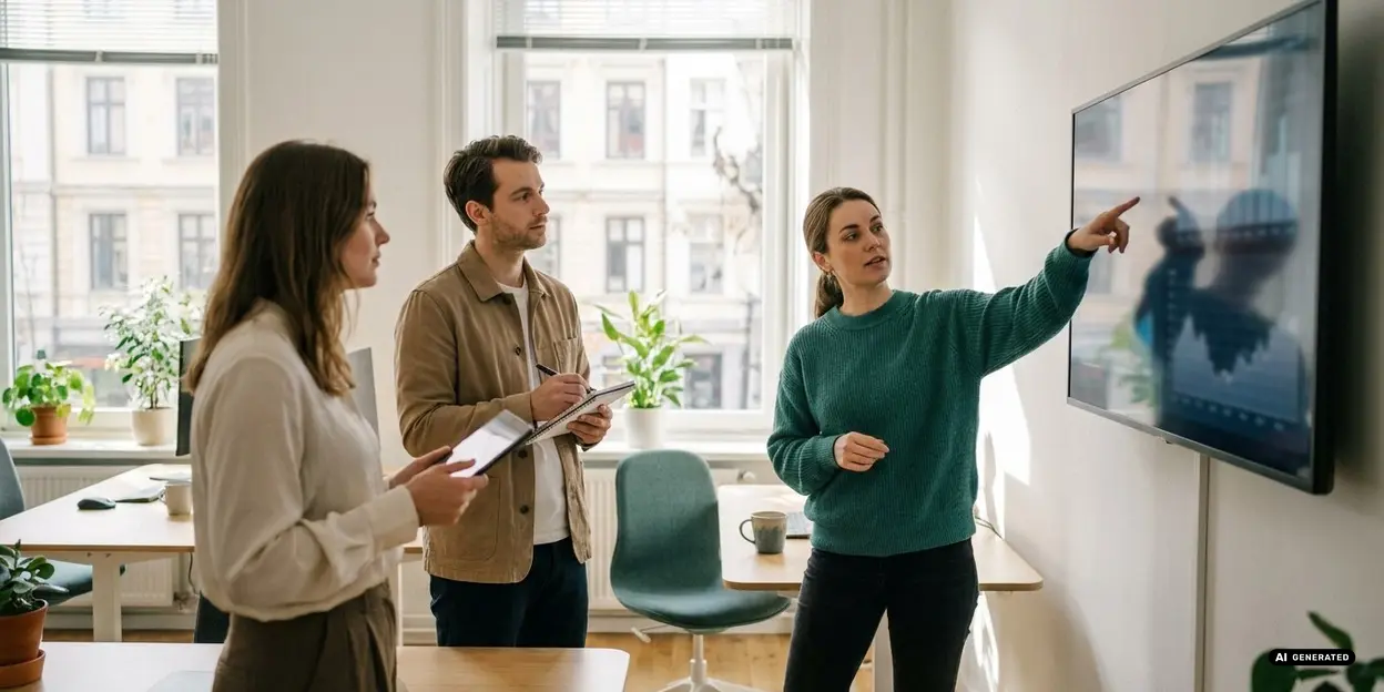 Office team meeting with a woman presenting on a screen