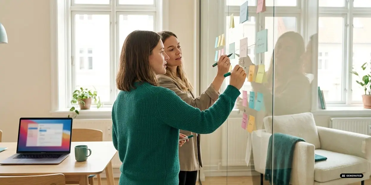 Two people writing on sticky notes on a glass wall in an office