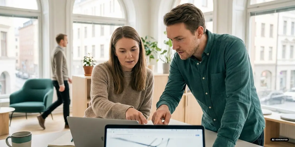 Two colleagues discussing work at a desk with a laptop in a bright office setting