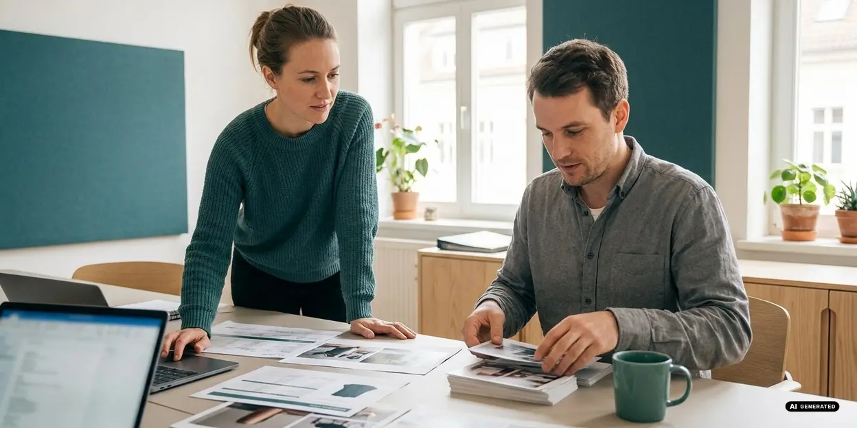 Two colleagues discussing documents in an office with laptops and plants.