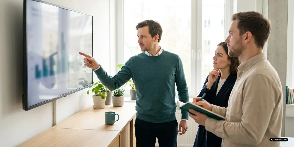 Drei Kollegen diskutieren Daten in einem Besprechungsraum