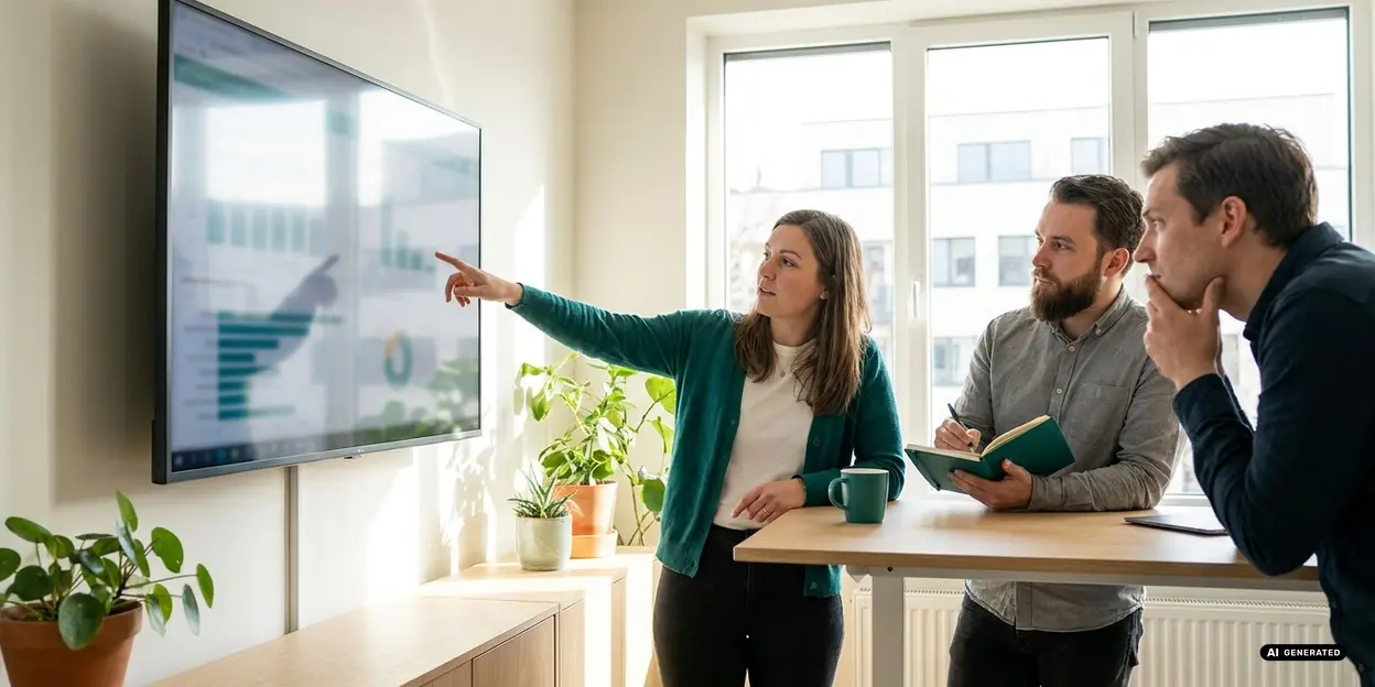 People standing around a desk pointing at a screen with charts