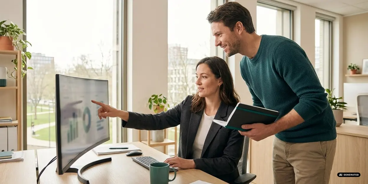 Dos colegas discuten datos en escritorio de oficina con monitor grande.