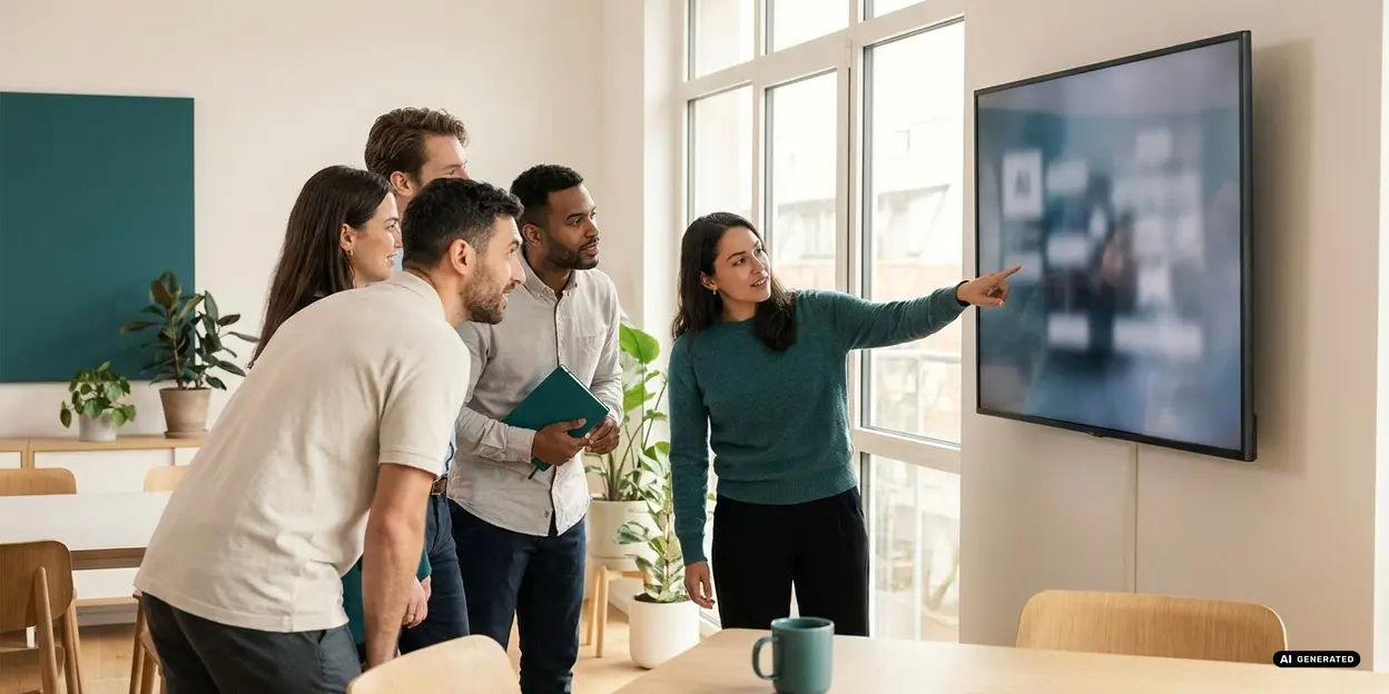 Gruppe von Menschen diskutiert vor einem Bildschirm in einem hellen Büro