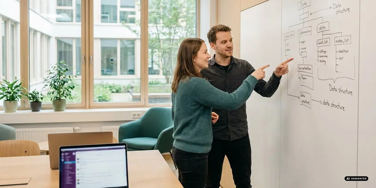 Dos personas discutiendo un diagrama de flujo en una pizarra en la oficina