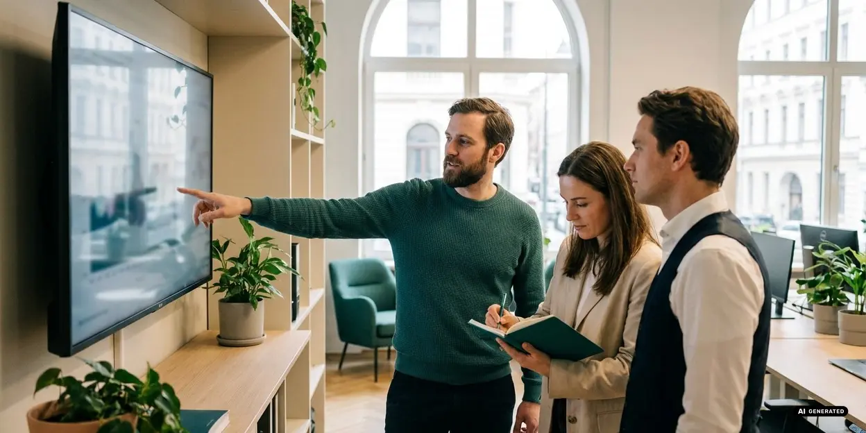 Three people having a discussion in a bright office space