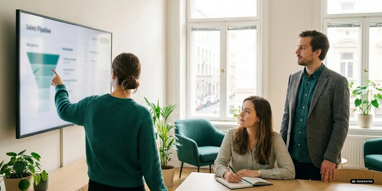 Equipo discutiendo el embudo de ventas con pantalla de presentación