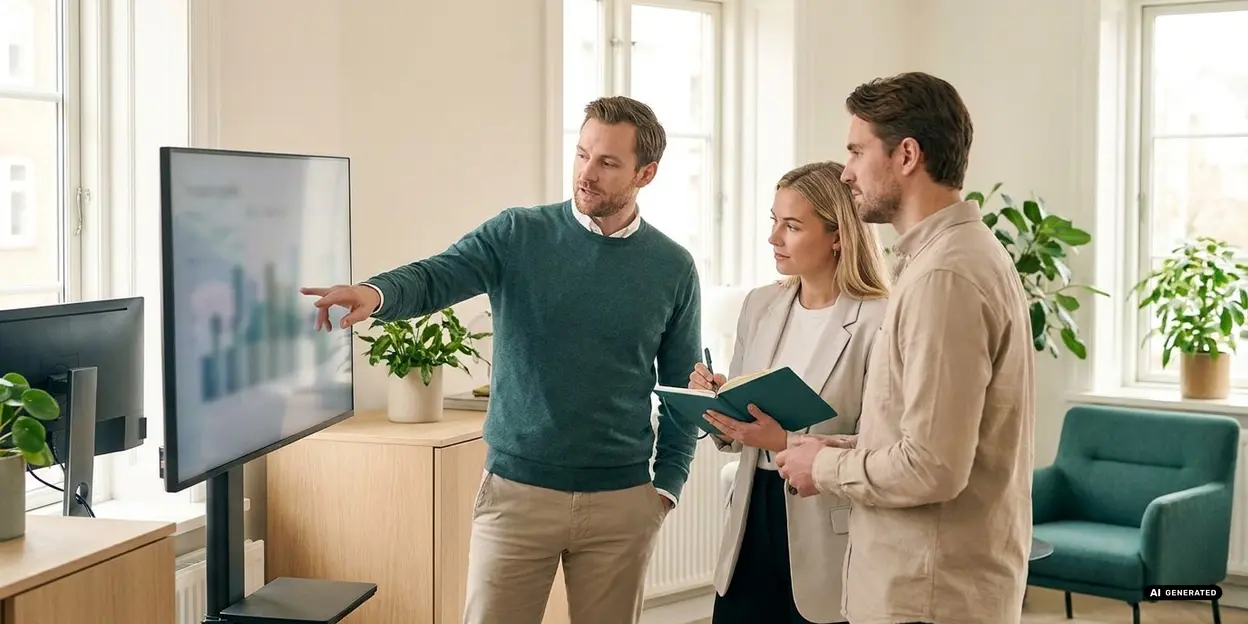 Three people in an office looking at a screen with data