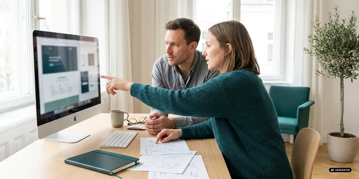 Two colleagues at a desk discussing a computer screen