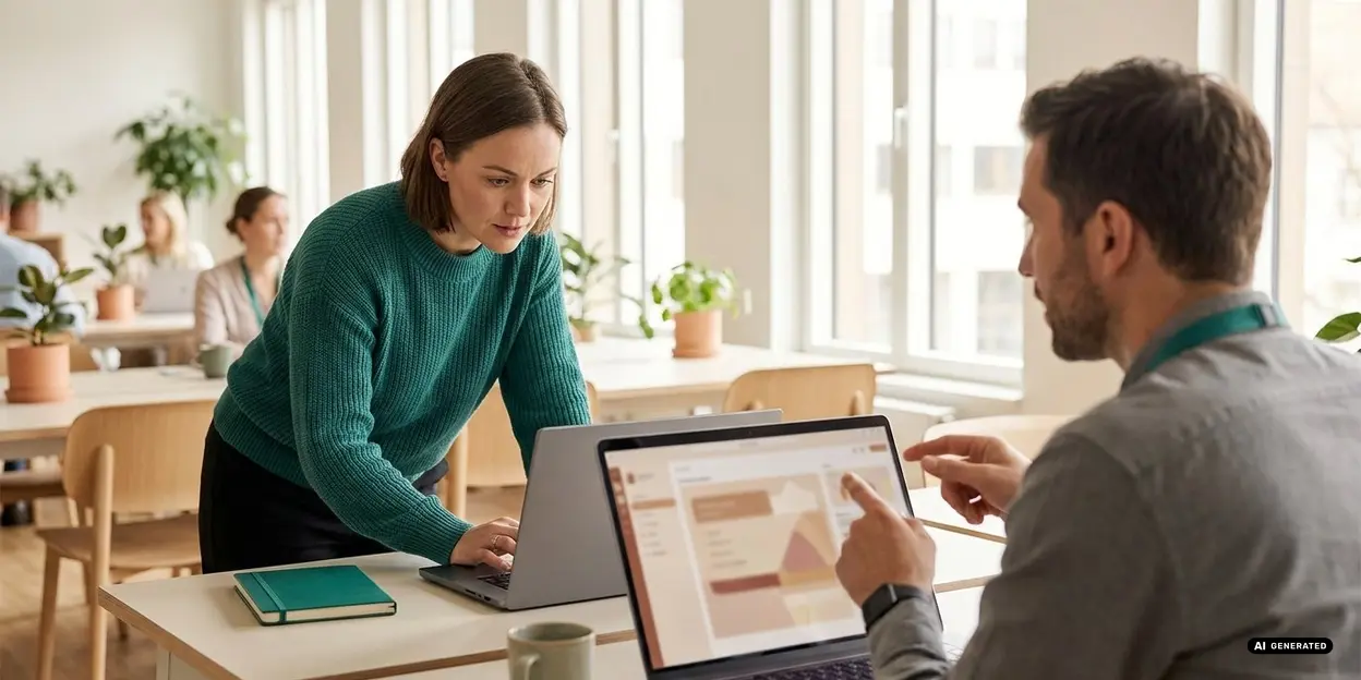 Two people having a conversation over laptops in a bright office