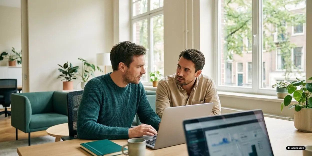 Two men discussing work at a table with laptops in an office.