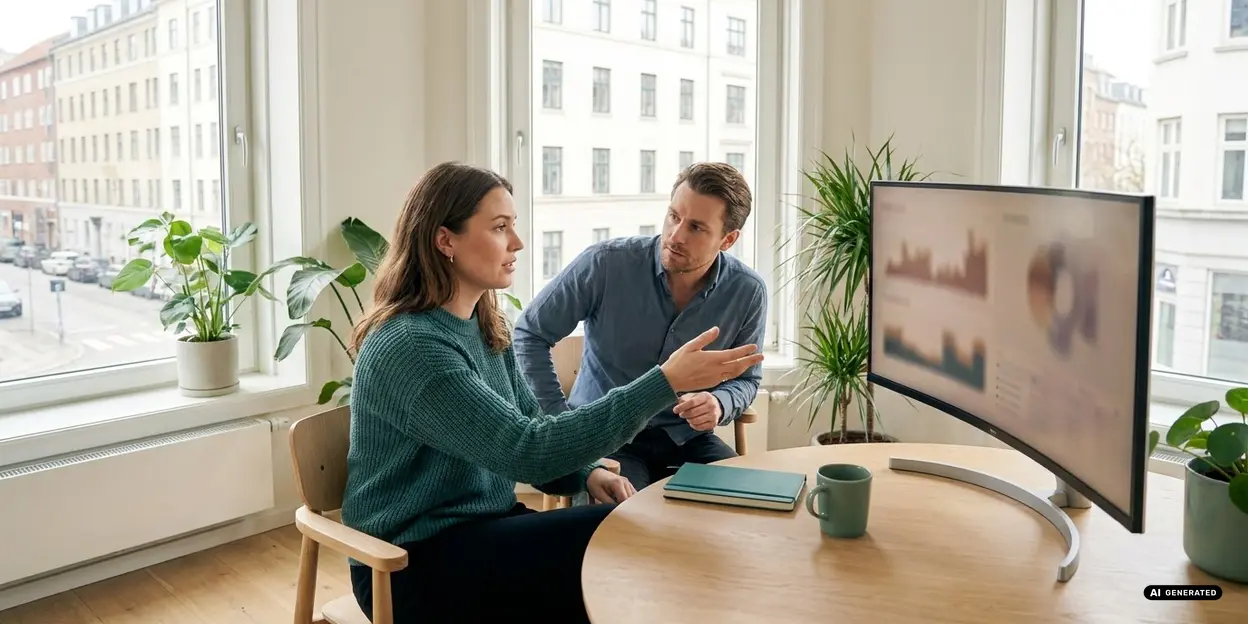 Two colleagues discussing in front of a curved monitor in a bright office.