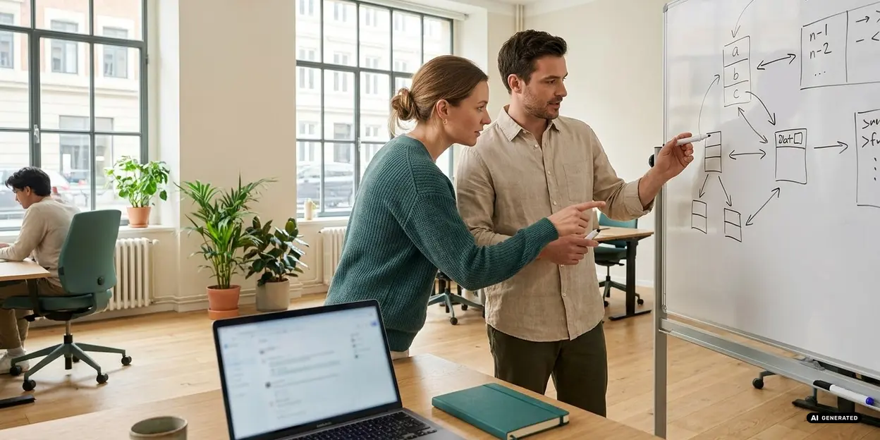 Two people discussing ideas at a whiteboard with others working nearby.