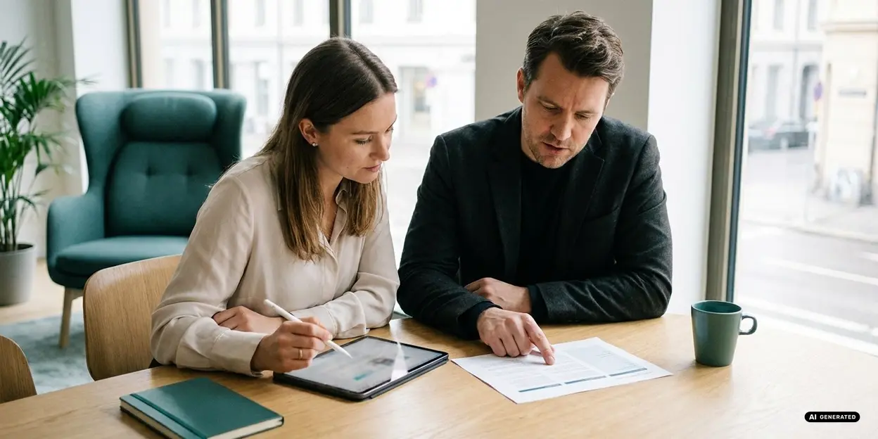 Two people discussing documents at a table