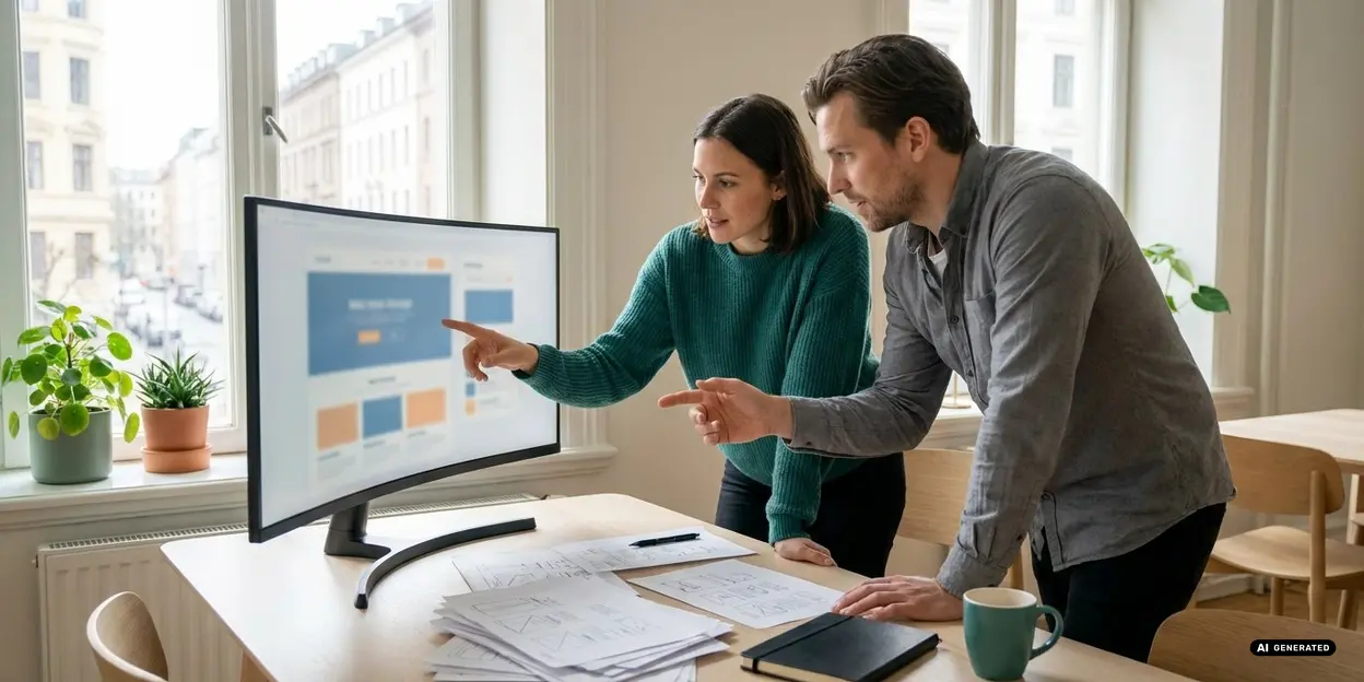 Two people discussing designs on a computer in an office