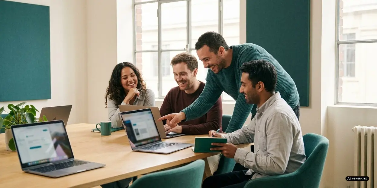 Group of people collaborating at a table with laptops
