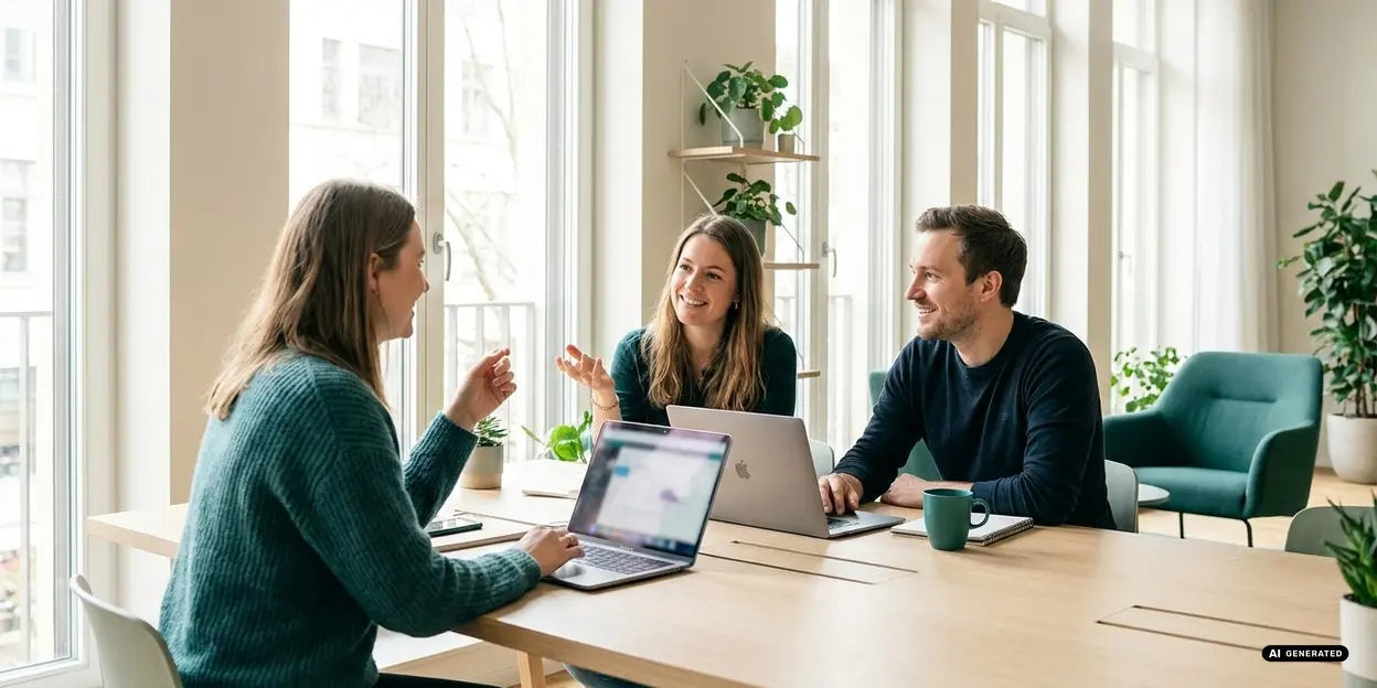 Drei Kollegen diskutieren mit Laptops in einem hellen Büro